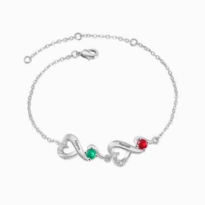 Personalised Bracelet With 2 Birthstones & 2 Names, Custom Heart Bracelet Gift For Women | Jessemade