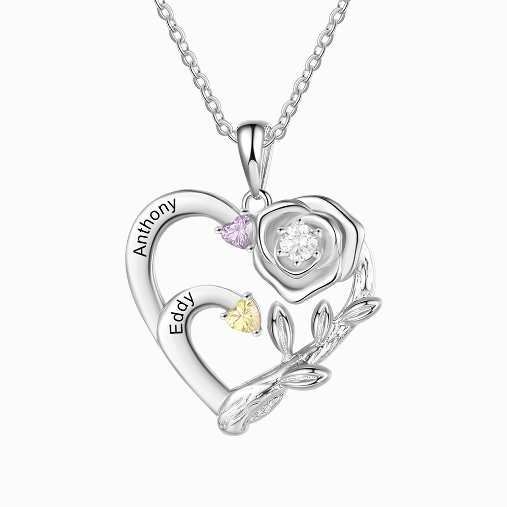 Personalised Rose Heart Necklace Custom 2 Names & Birthstones Mother Necklace