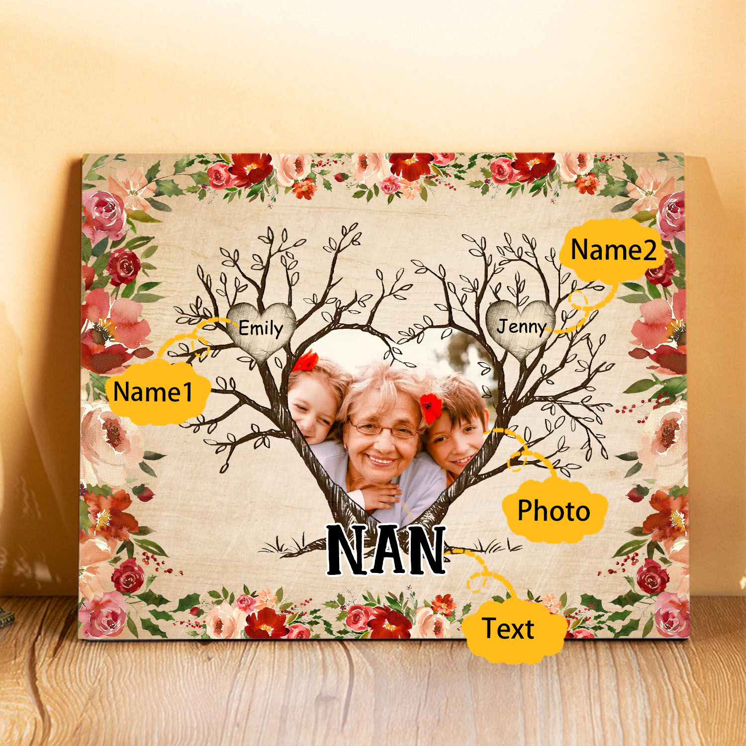 Personalised Family Tree Photo Frame - Custom 2 Names & Text Frame for Nan | Jessmade