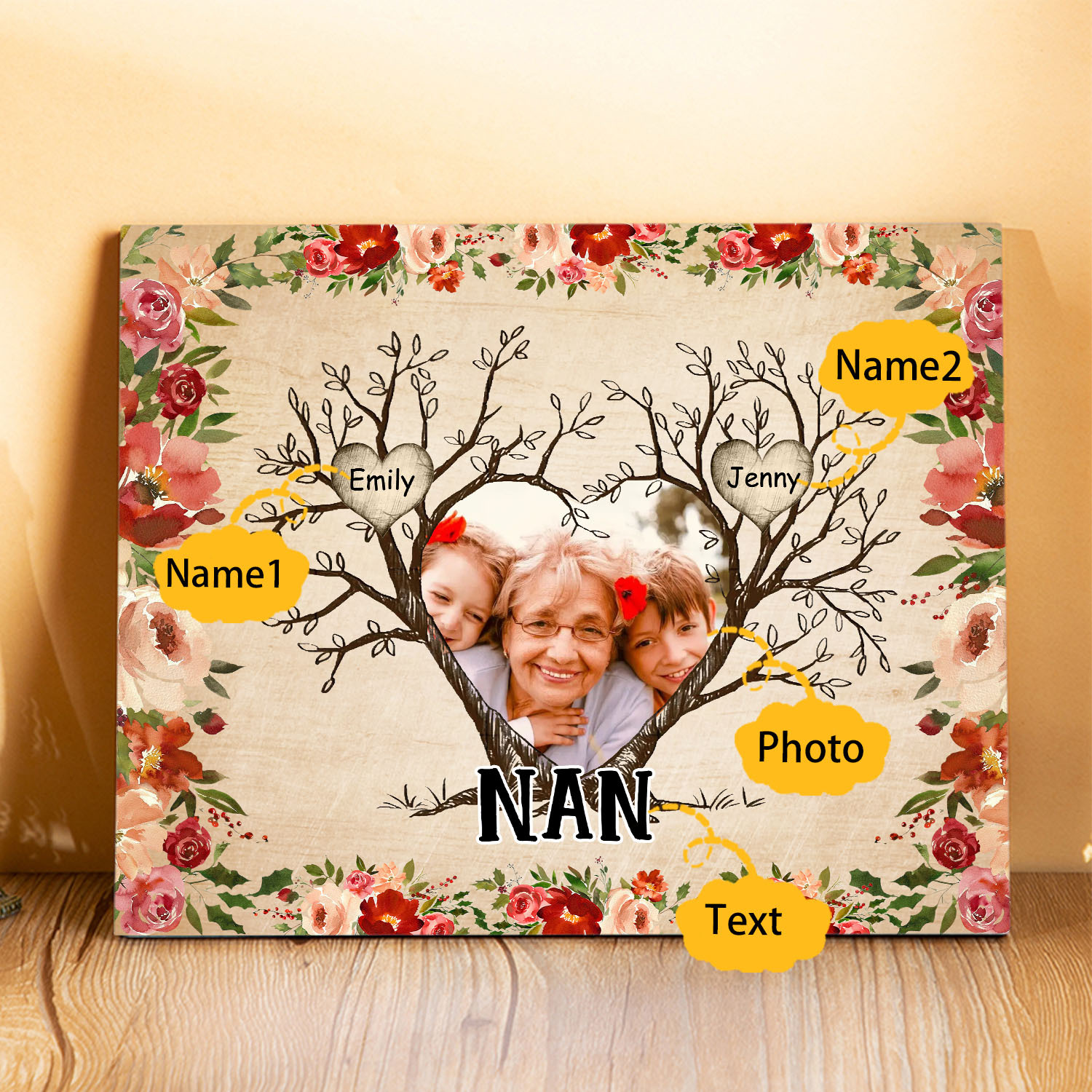 Personalised Family Tree Photo Frame - Custom 2 Names & Text Frame for Nan | Jessmade