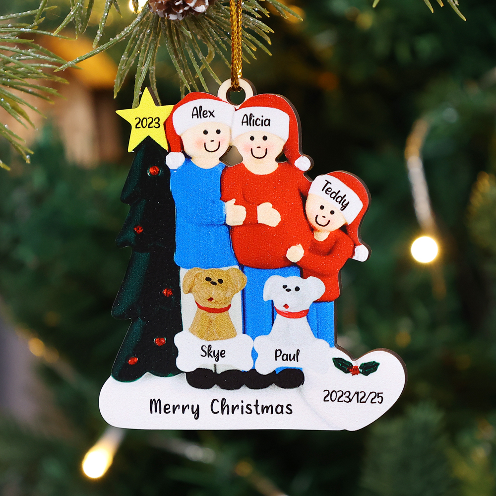 4 Names-Personalised Family Wooden Christmas Xmas Tree Decoration Ornament-Custom 4 Names And Dates Hanging Ornament Gifts For Family