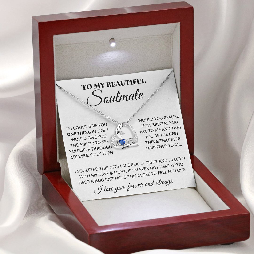 Personalised To My Soulmate S925 LOVE Heart Necklace with Heart Birthstone Engraved Names | Jessemade