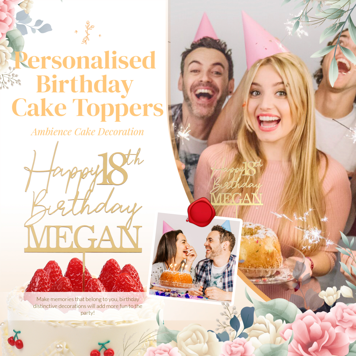 Personalized Custom Text And Name - Happy 18th Birthday Cake Topper For Birthday