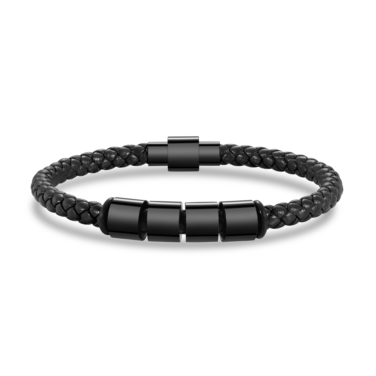 Custom Engraved 4 Names Beads Magnetic Buckle Leather Braided Personalised Mens Bracelet Gift for Husband Boyfriend