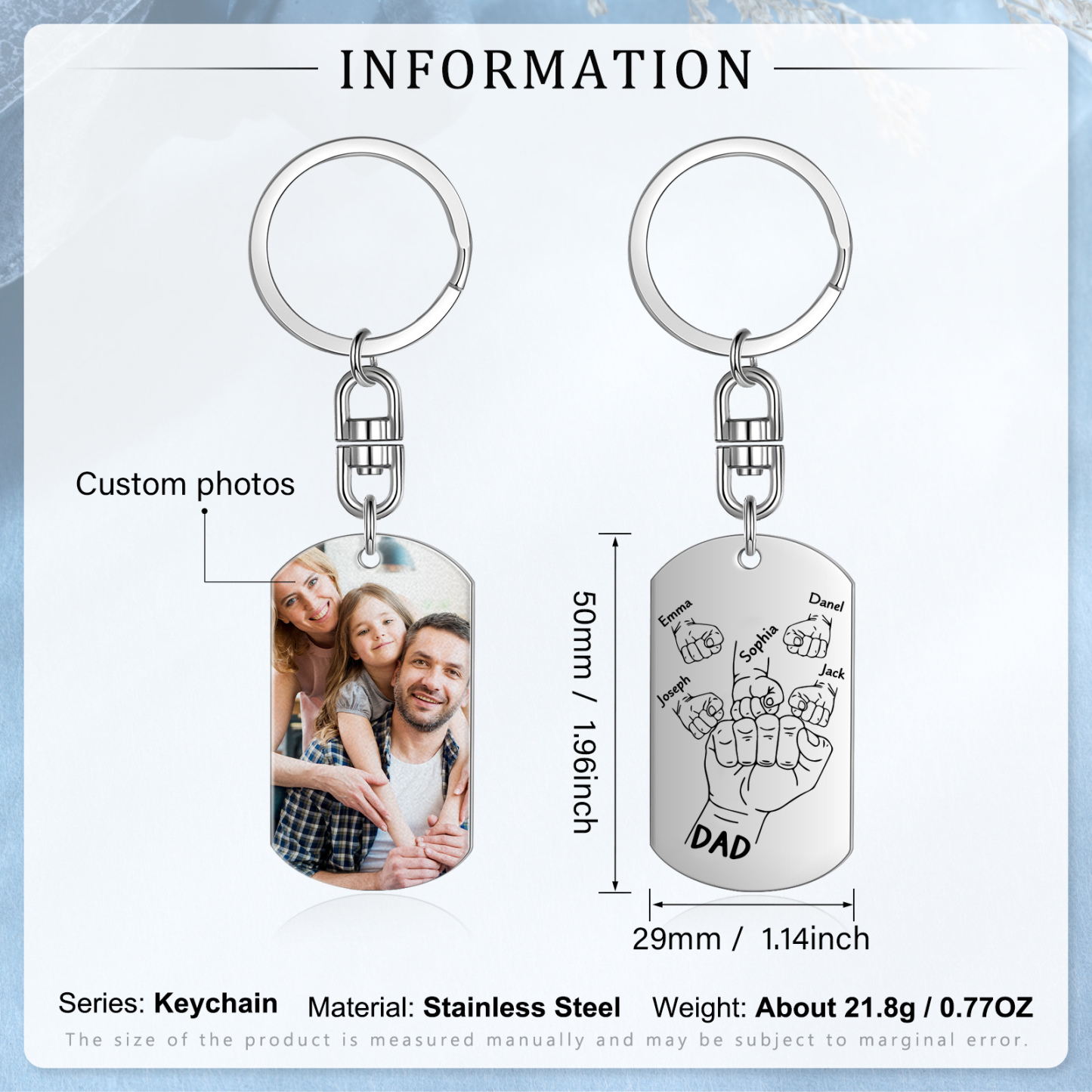 5 Names - Personalised Fist Bump Keyring Customized with Photo and Text Father's Day Gift for Dad