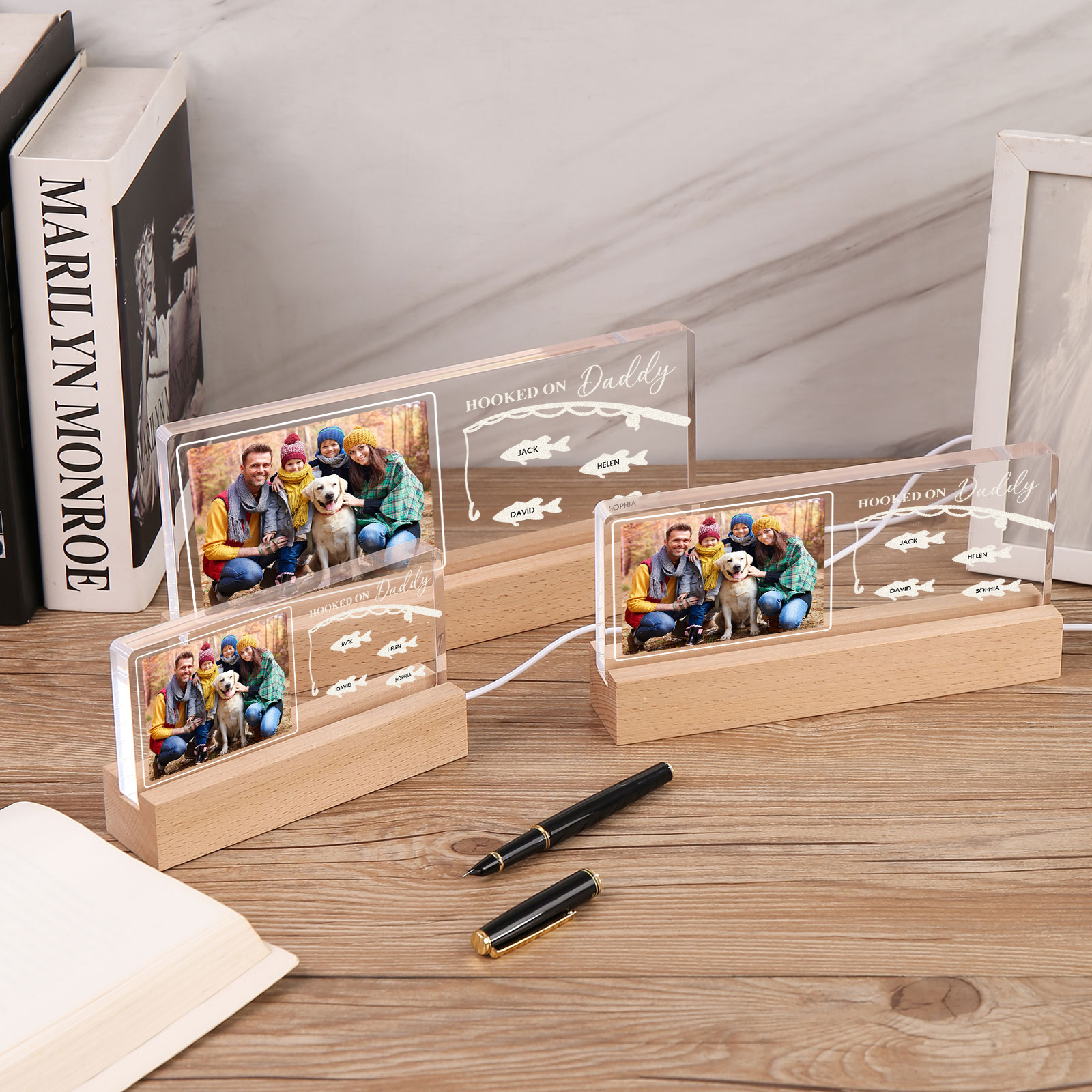 4 Names - Personalised Photo Fishing Pattern Desk Lamp Father's Day Gift For Dad