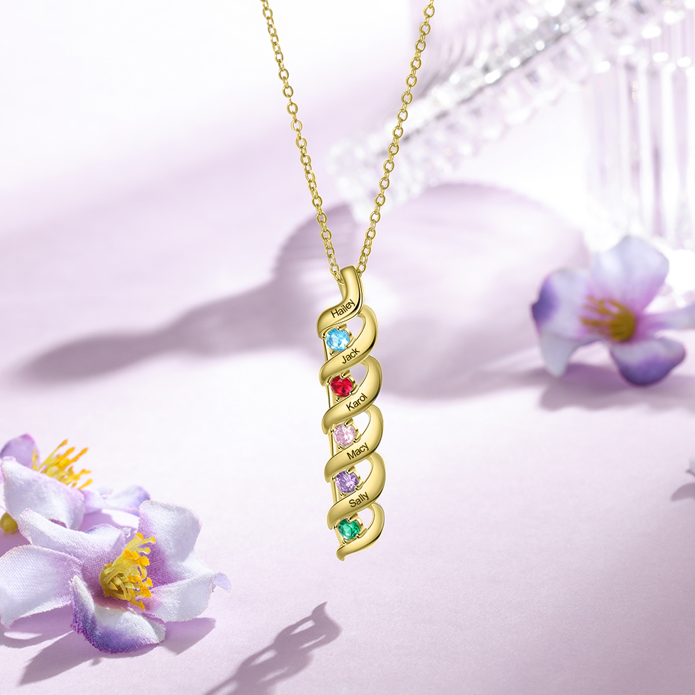5 Names-Personalised Necklace Cascading Pendant with 5 Birthstones Engraving 5 Names Gifts for Her