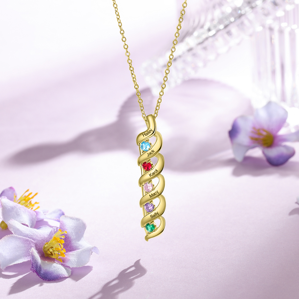 5 Names-Personalised Necklace Cascading Pendant with 5 Birthstones Engraving 5 Names Gifts for Her