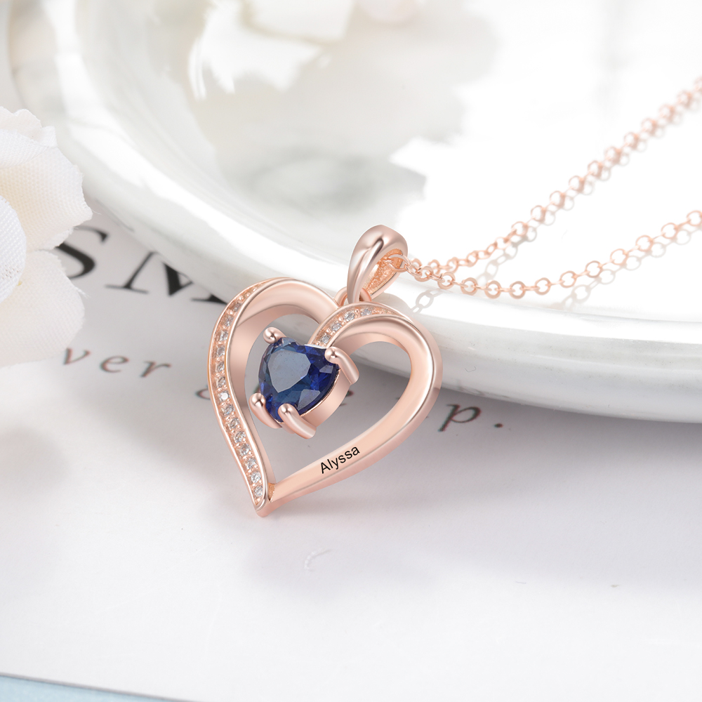 Personalised Name Heart Necklace with Birthstone Gift for Her
