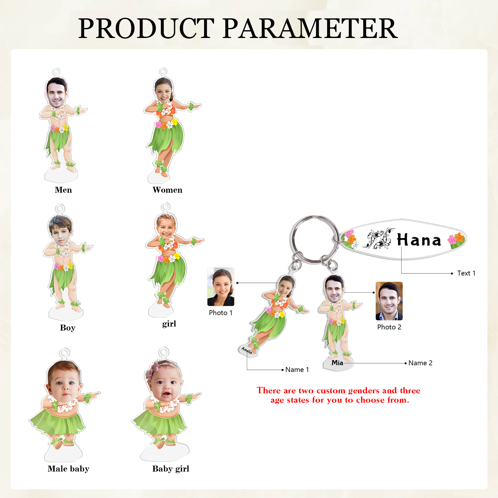 2 Names - Personalised Hawaiian Style Keyring With 2 Photo,2 Name and Text, Gift For Family