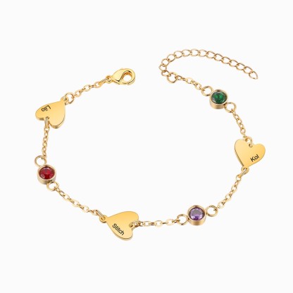 Personalised 1-5 Names Gold Heart Birthstone Chain Bracelet