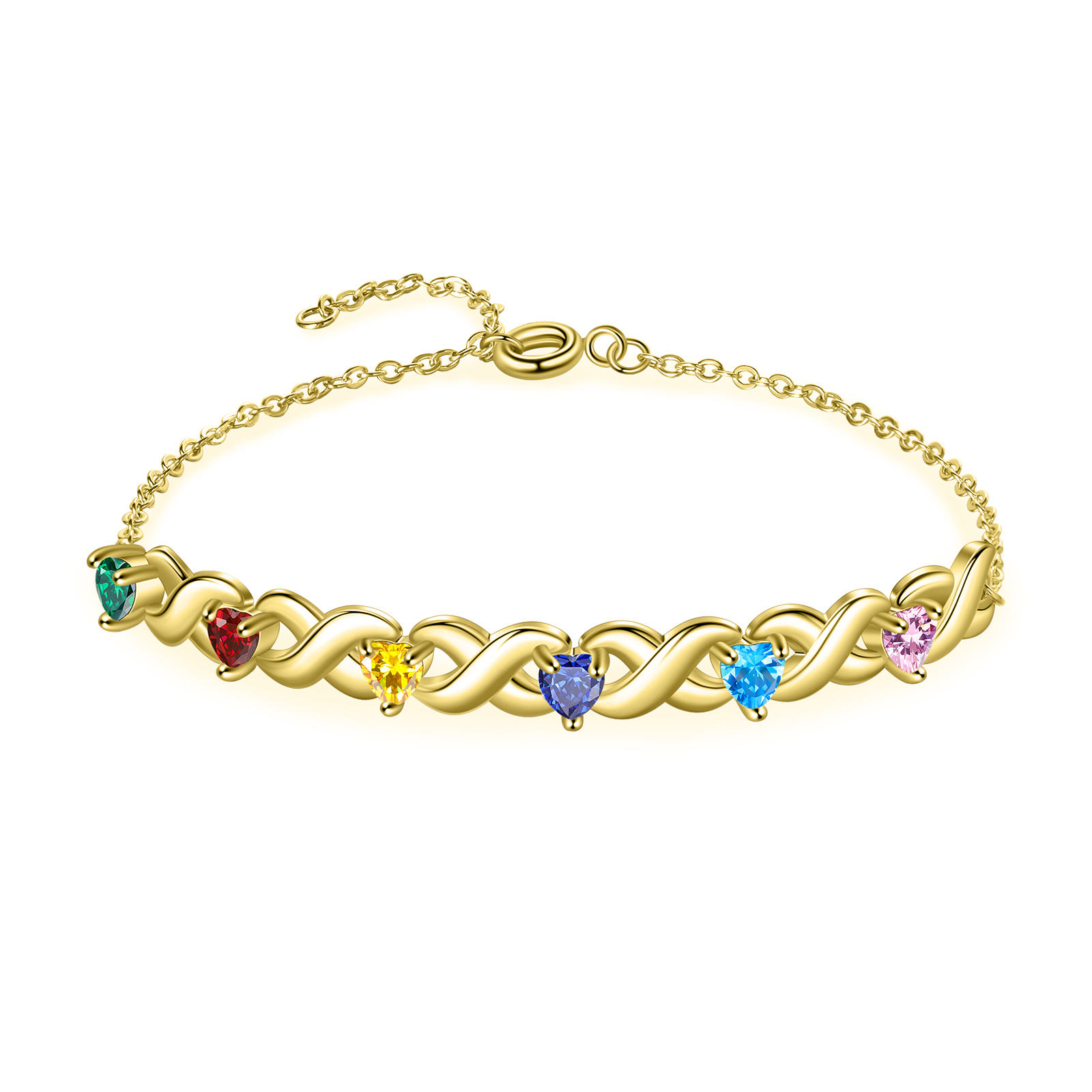 Personalised Bracelet With 6 Heart Birthstones Engraved Names Bracelet Gift For Women