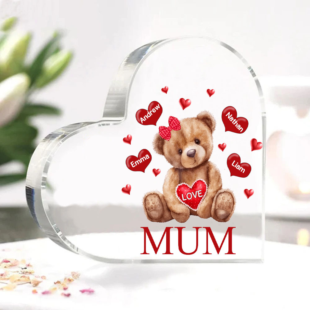 4 Names-Personalised Mum Acrylic Heart Keepsake Custom Text Love Teddy Bear Ornaments Gifts Set With Gift Box for Grandma/Mother