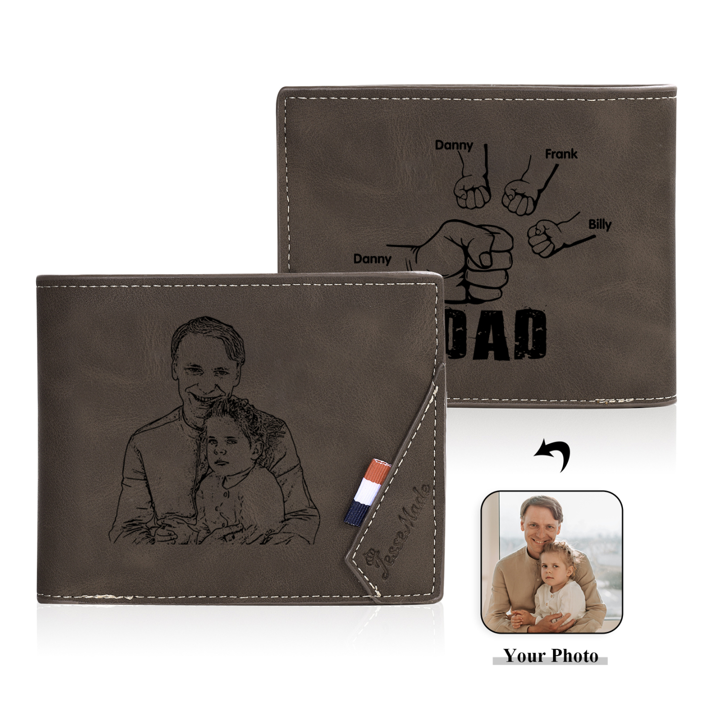 4 Names - Personalised Fist Bump Photo Custom Leather Men's Wallet as a Father's Day Gift for Dad