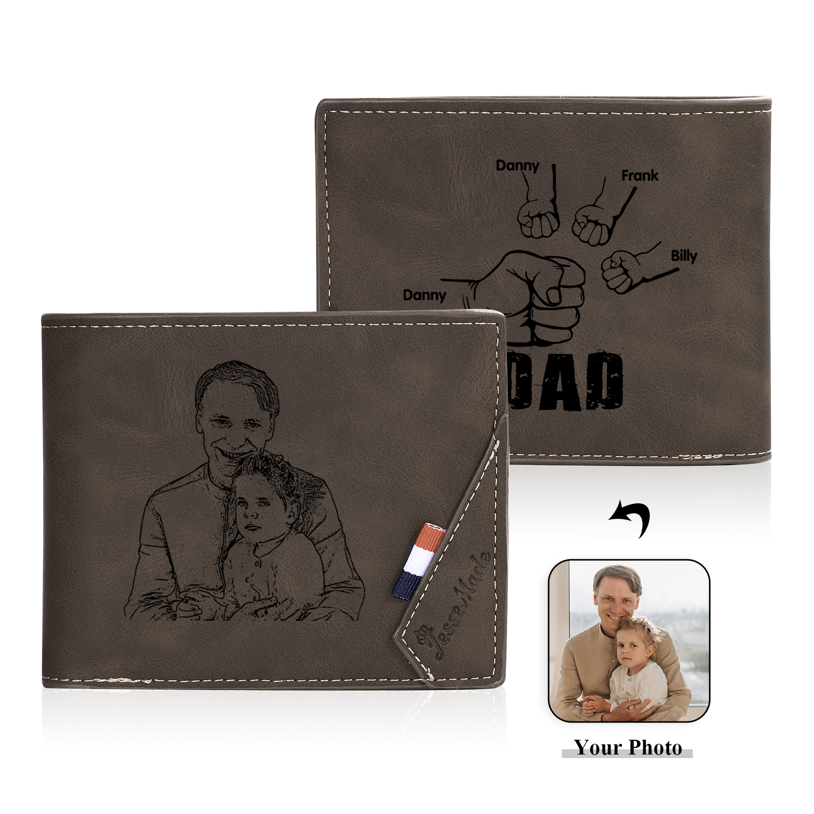 4 Names - Personalised Fist Bump Photo Custom Leather Men's Wallet as a Father's Day Gift for Dad
