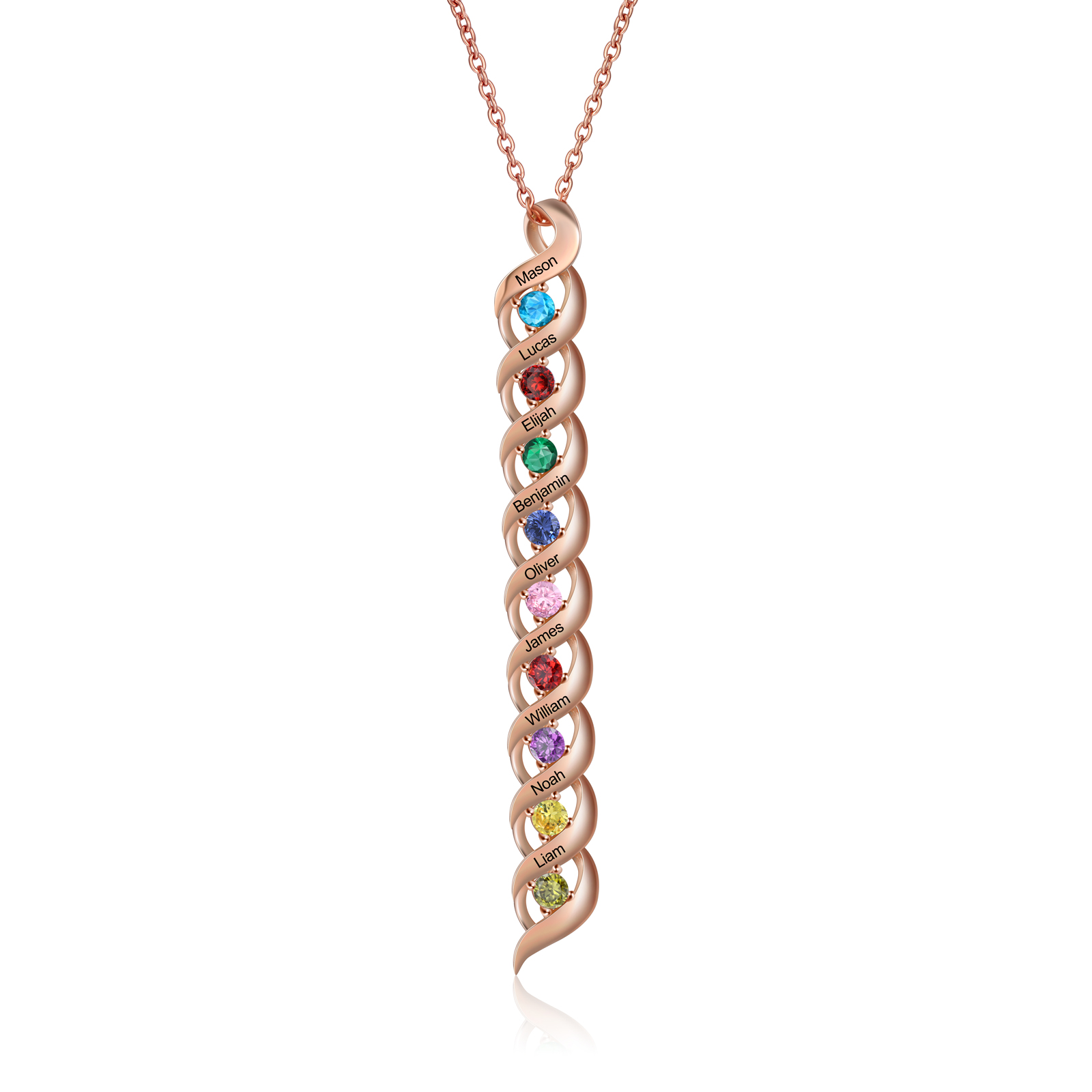 9 Names-Personalised Birthstones Necklace Set With Rose Gift Box-Custom Cascading Pendant Necklace Engraving 9 Names Gifts for Her