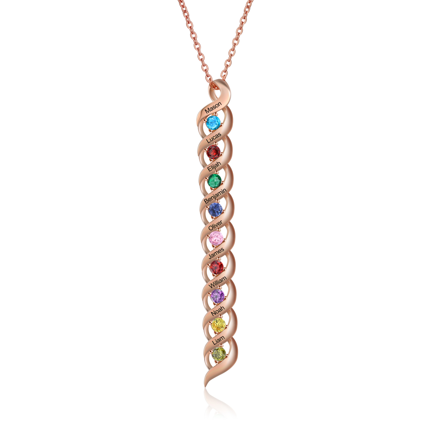 9 Names-Personalised Birthstones Necklace Set With Rose Gift Box-Custom Cascading Pendant Necklace Engraving 9 Names Gifts for Her
