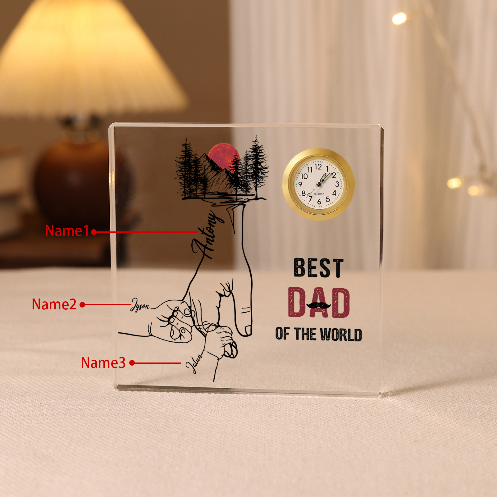 3 Names - Personalised Holding Hands Pattern Acrylic Rectangular Clock Ornament Father's Day Gift for Dad