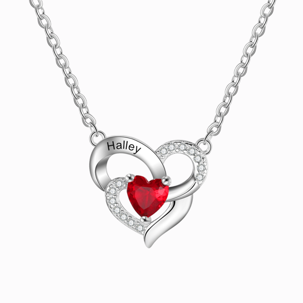 Personalised S925 Silver Women Heart Necklace With 1 Birthstone Engraved Names Gift For Women