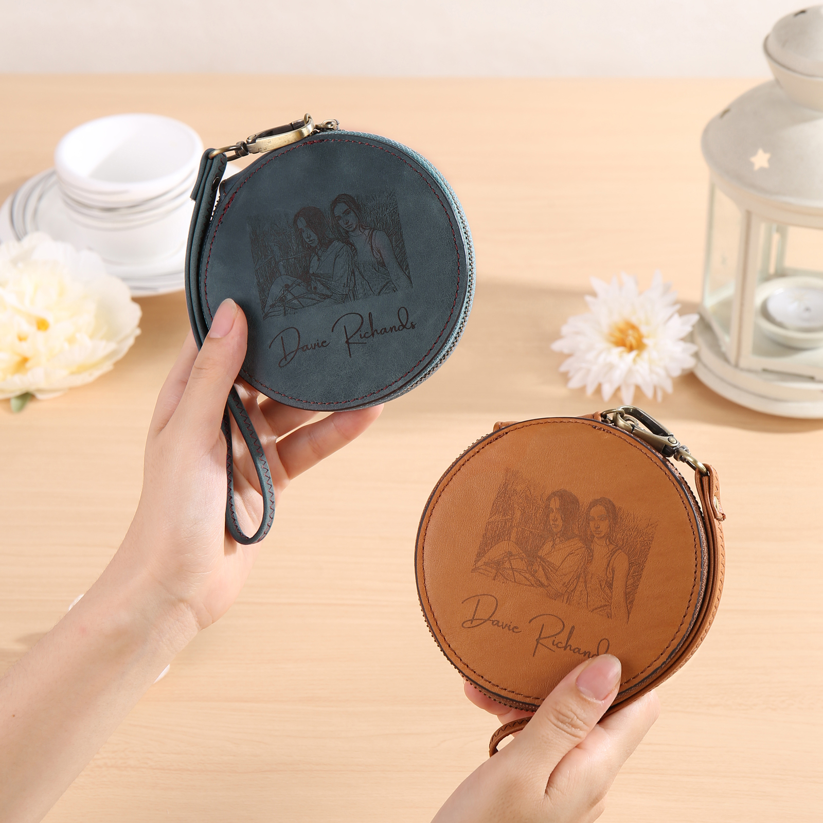 Custom Purse-Personalised Photo Quality Leather Round Zipper Wallet Custom Text Wallet Gift for Her