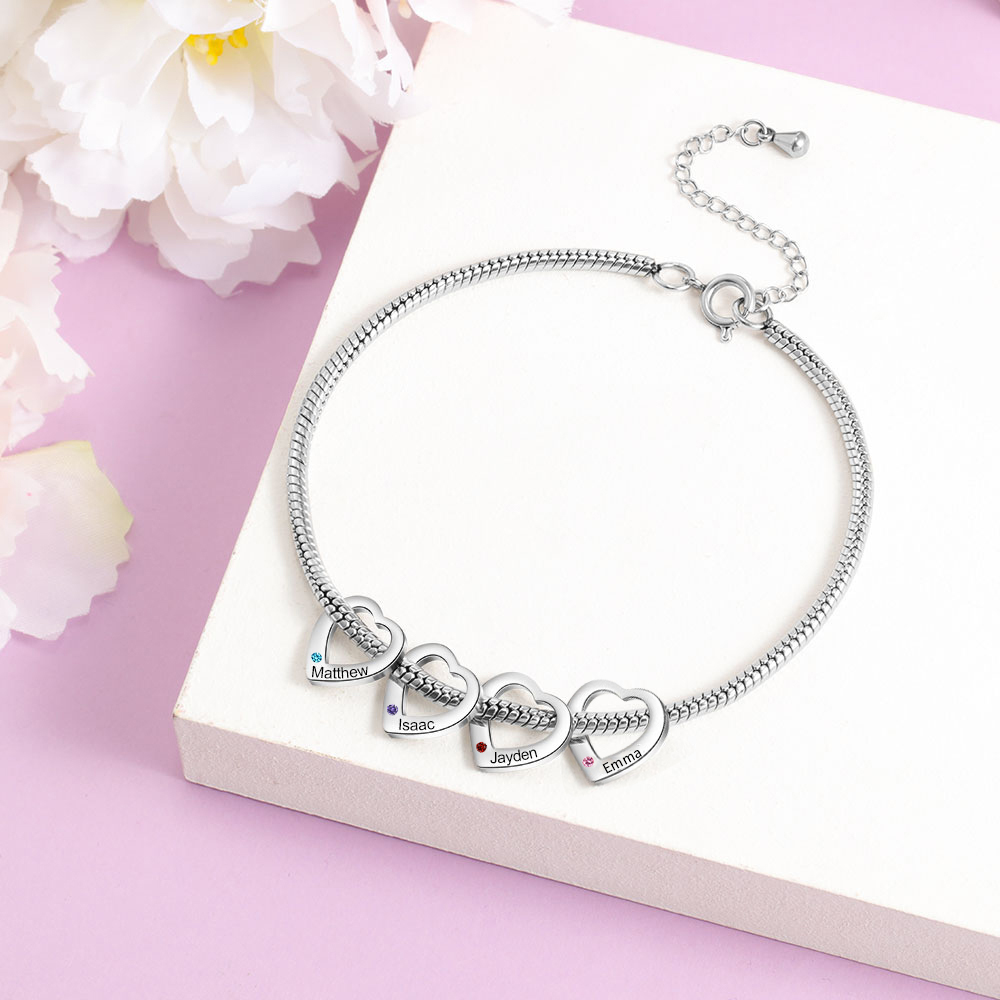 Custom Anklet Engraved 4 Names and Birthstones Heart Shaped Charm Personalised Bracelet for Women