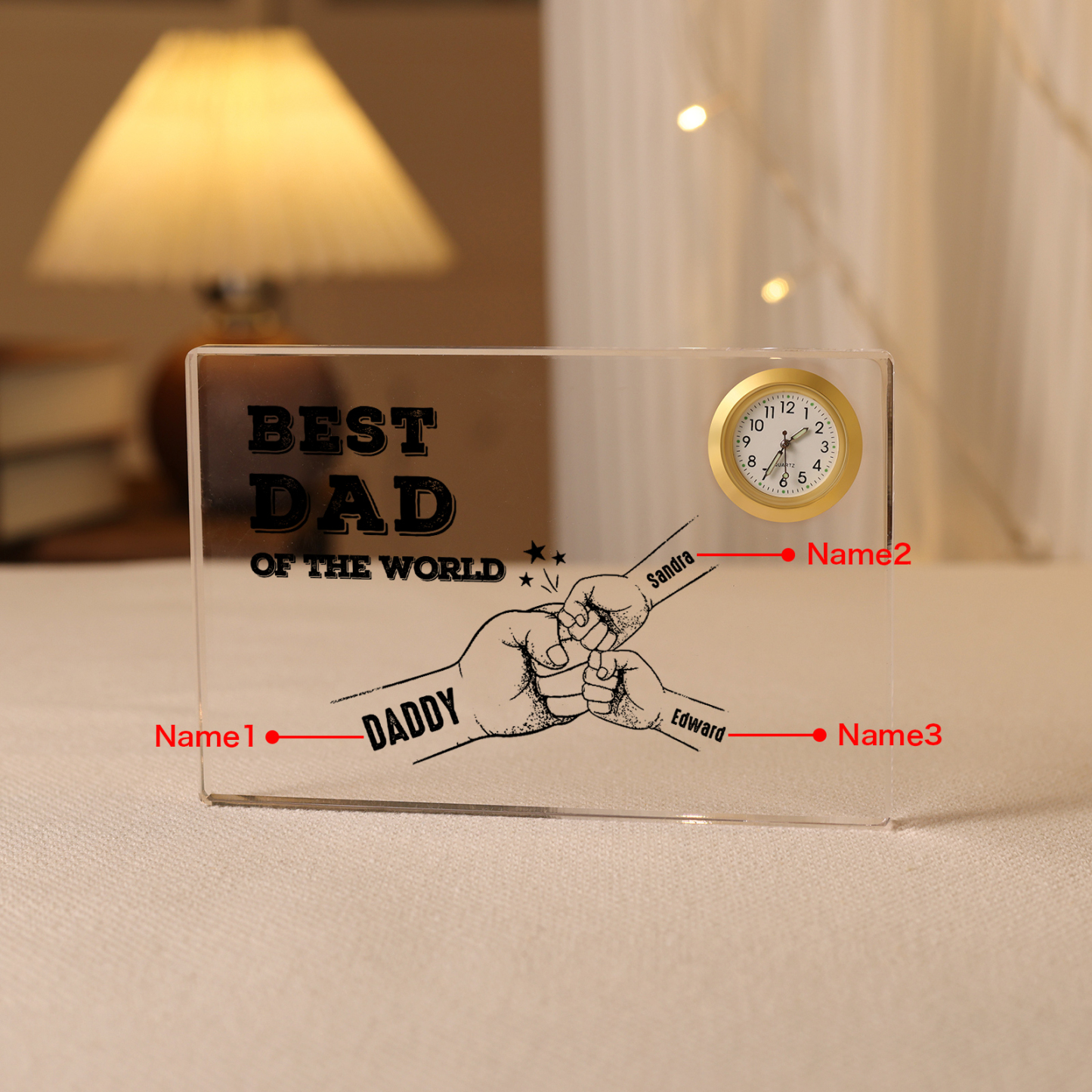 3 Names - Personalised Fist Bump Acrylic Rectangular Clock Ornament Father's Day Gift for Dad