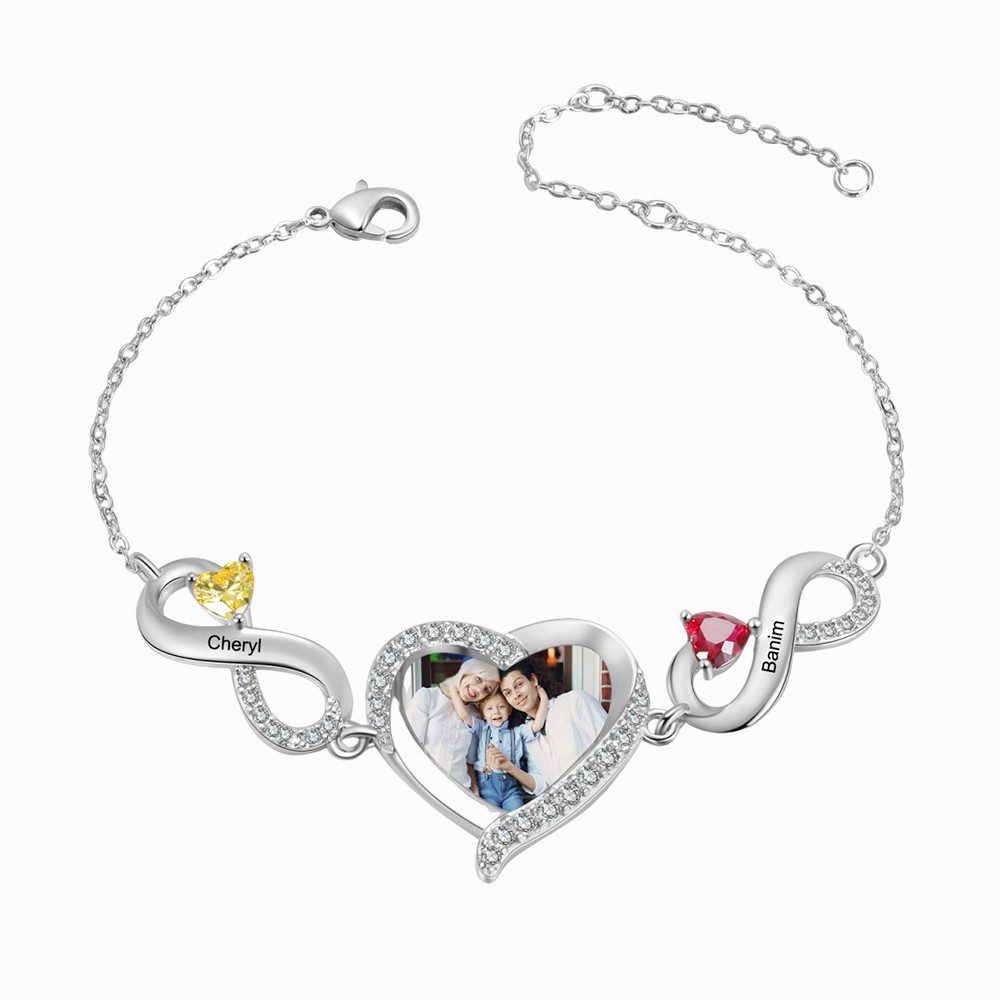 Personalised 2-5 Names Heart Birthstone Photo Bracelet