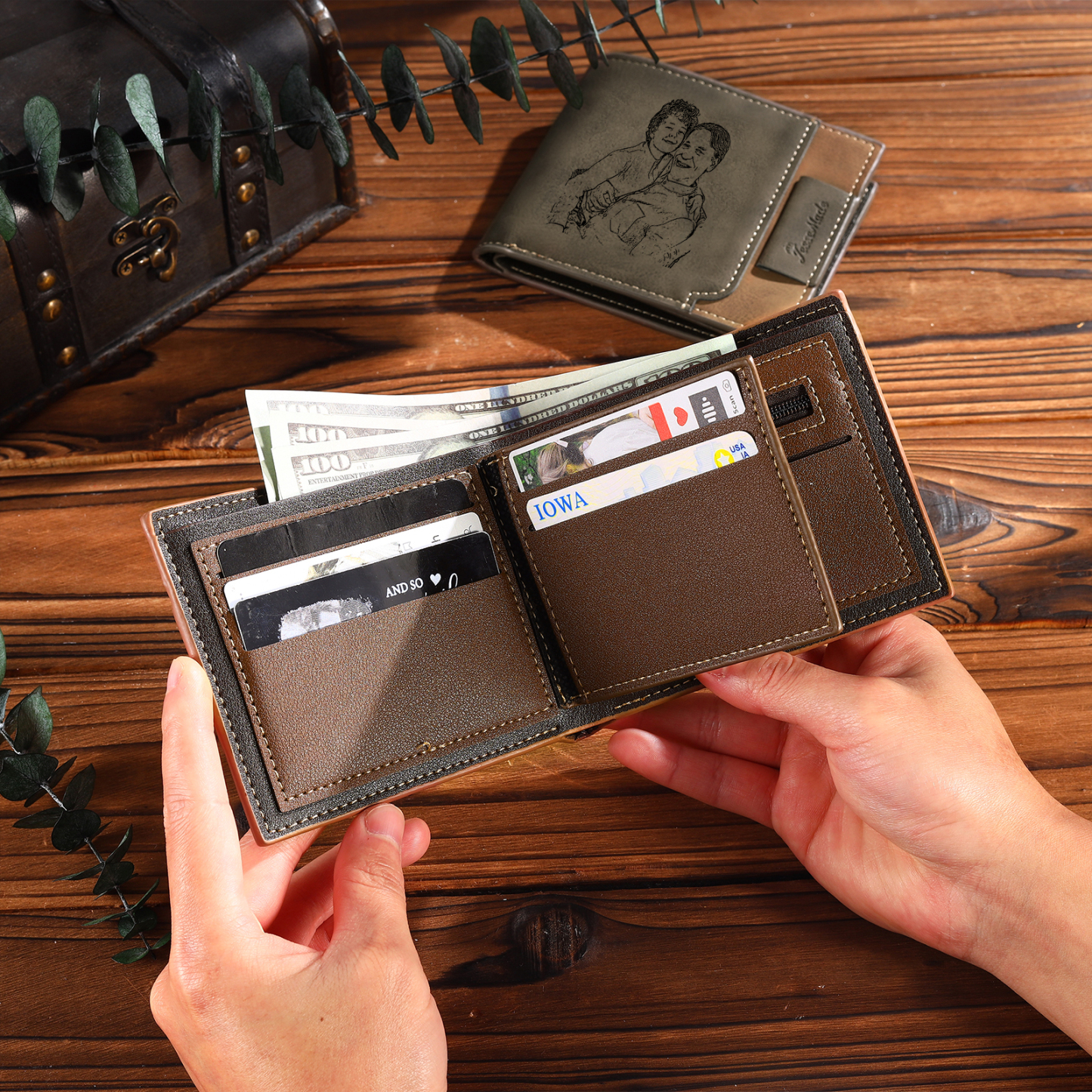 3 Names - Personalised Fist Bump Photo Custom Leather Men's Wallet as a Father's Day Gift for Dad