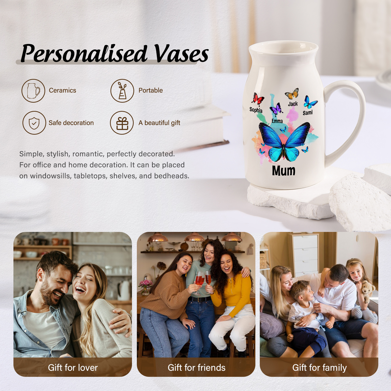 Personalised 2-8 Names Beautiful Colorful Butterfly Style Ceramic Vase Gift For Mum