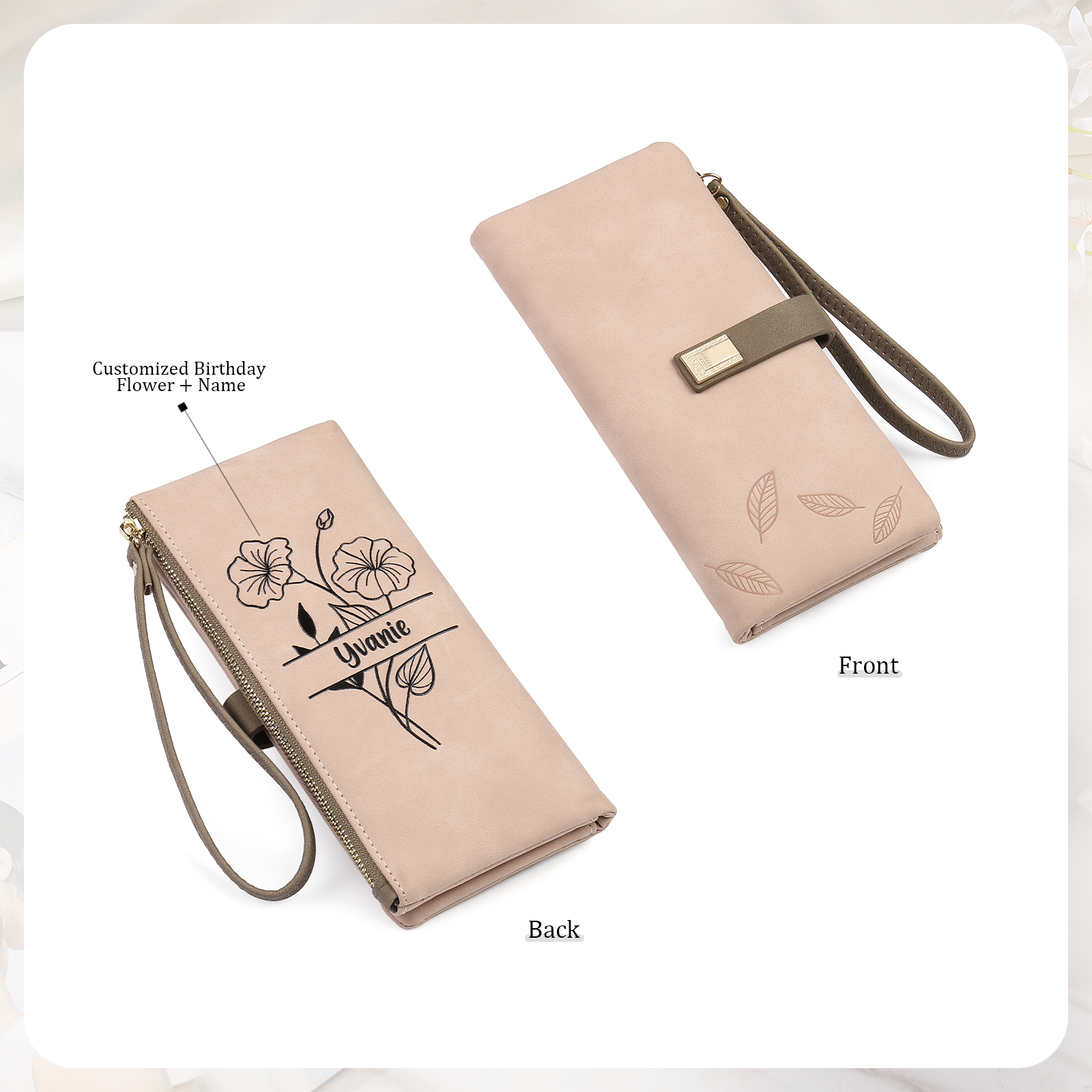 Custom Purse-Personalised Women's Wallet Customized Birth Flower and Name Zipper Women's Wallet