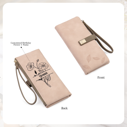 Custom Purse-Personalised Women's Wallet Customized Birth Flower and Name Zipper Women's Wallet