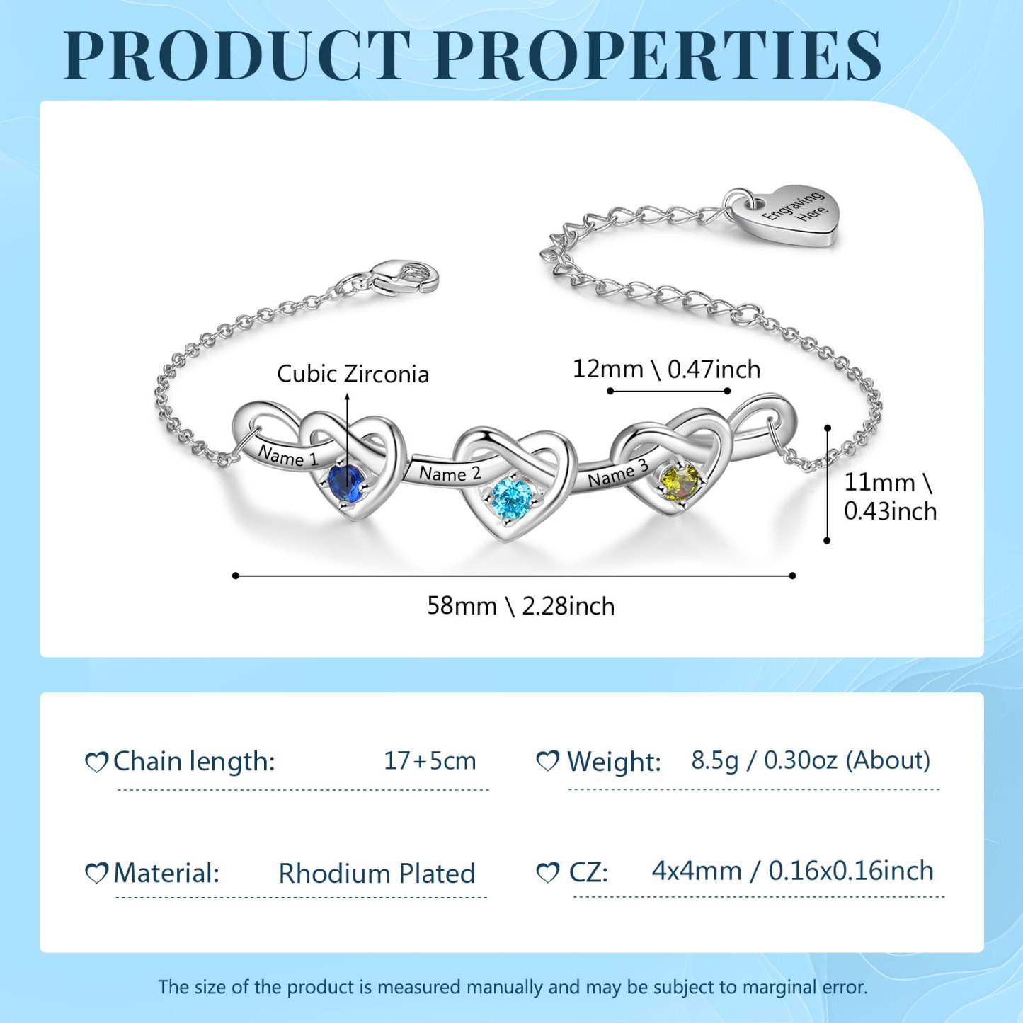3 Names-Personalised Linked Heart Bracelet With 3 Birthstones Engraved Names And Text Bangle - Christmas Gift For Her