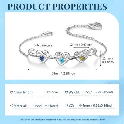 3 Names-Personalised Linked Heart Bracelet With 3 Birthstones Engraved Names And Text Bangle - Christmas Gift For Her
