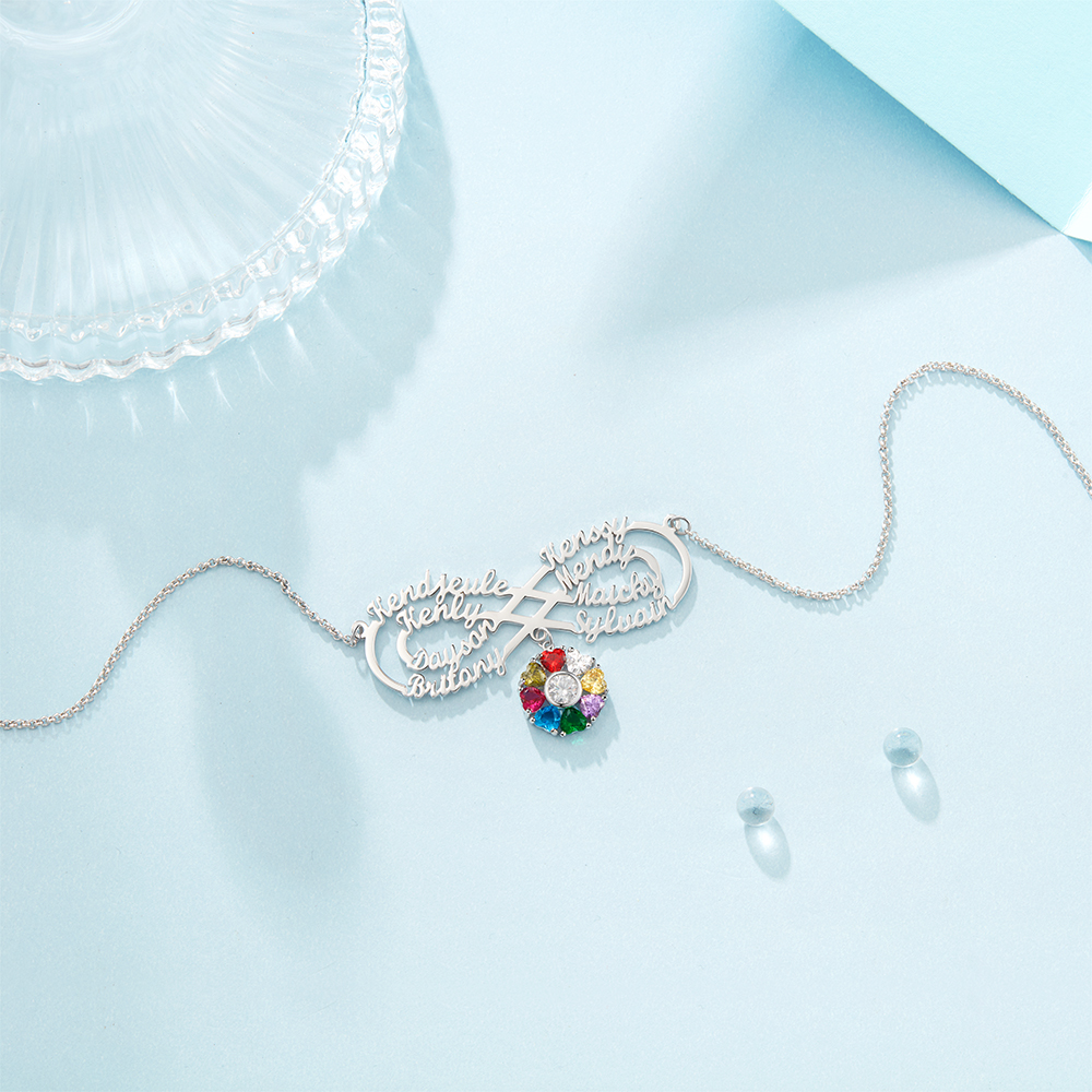 Personalised Infinity Necklace With 8 Birthstones Engraved Names Necklace Gift For Women