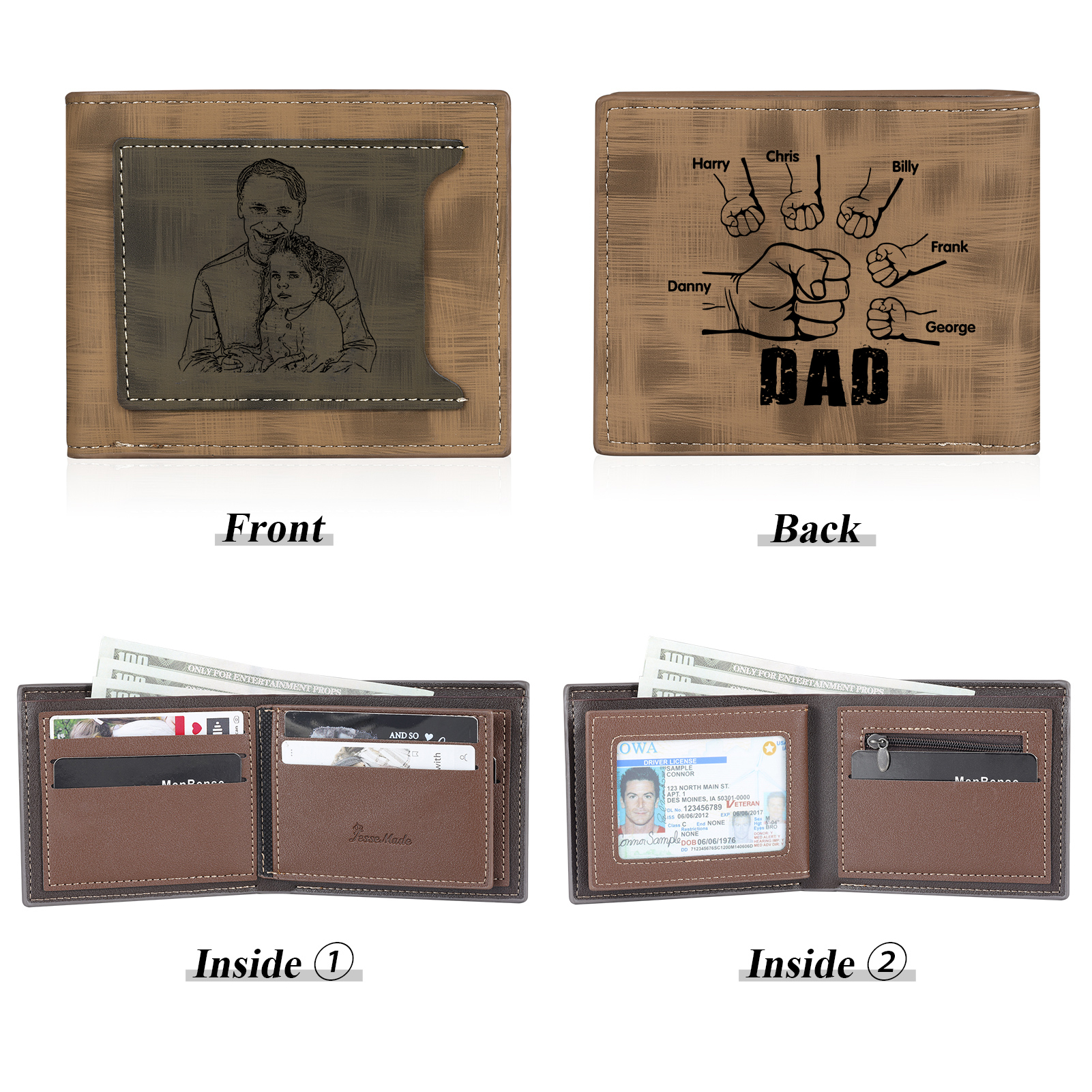 6 Names - Personalised Photo Custom Leather Men's Wallet as a Father's Day Gift for Dad