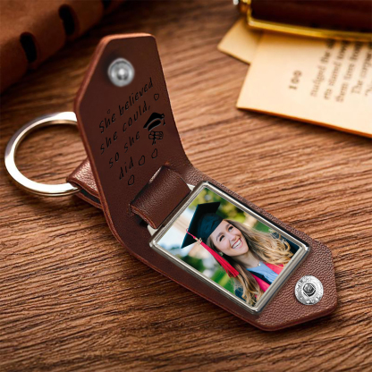 2024 Graduation Gifts - Personalised Name Flip Leather Keyring Customized Photo Keyring Gift for Her/Him