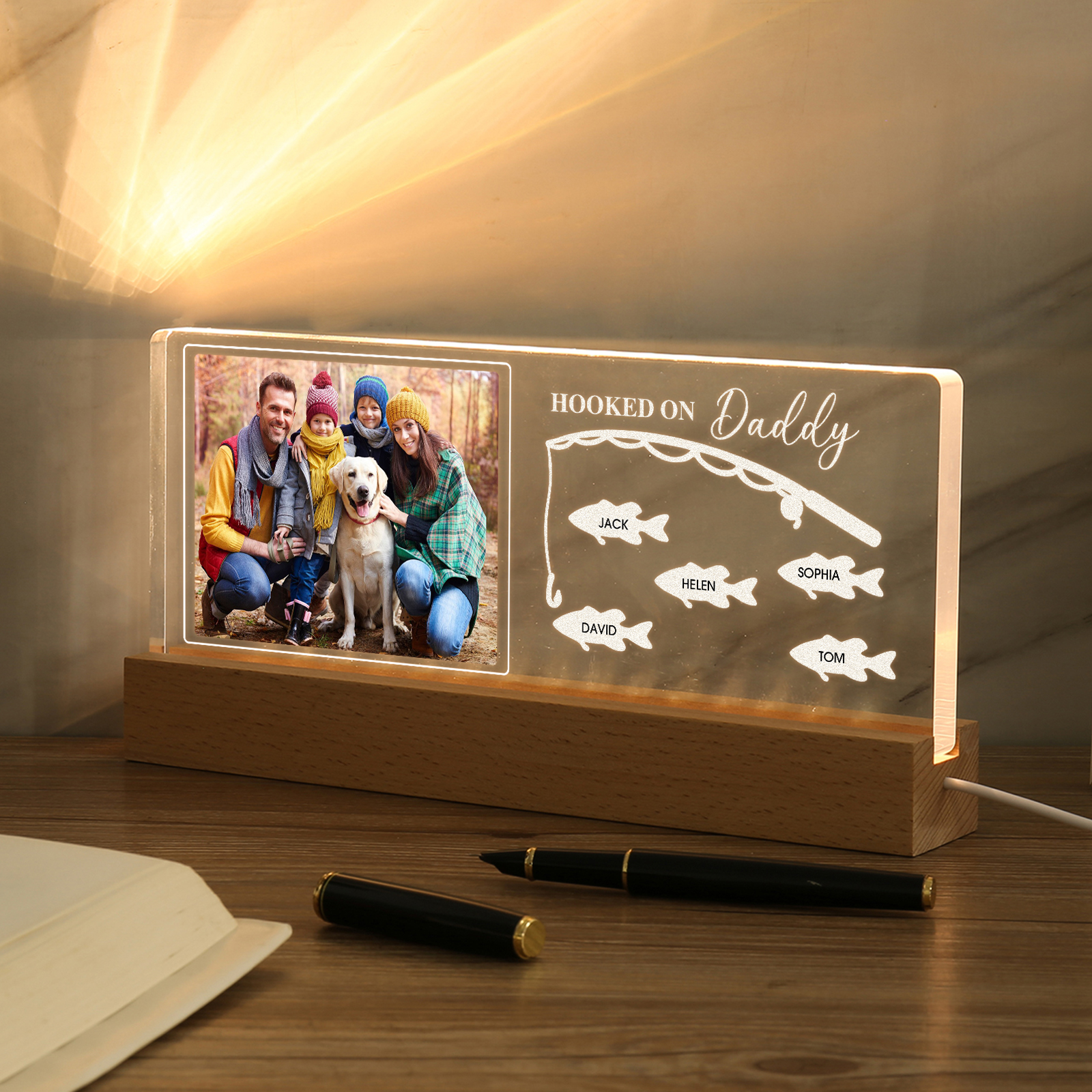5 Names - Personalised Photo Fishing Pattern Desk Lamp Father's Day Gift For Dad