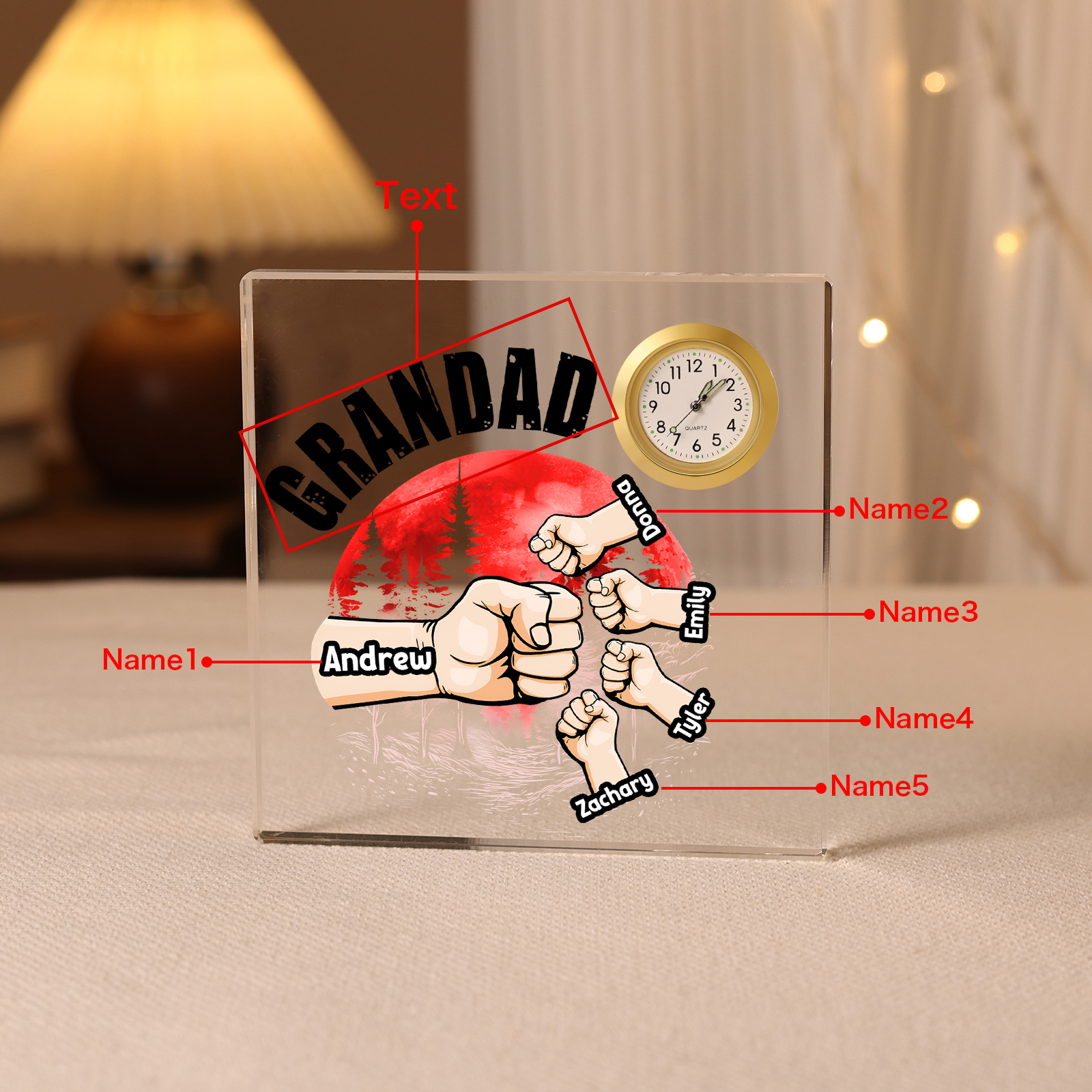 5 Names - Personalised Fist Red Forest Style Acrylic Clock Ornament Ornament Customized Name and Text Acrylic Father's Day Gift for Dad