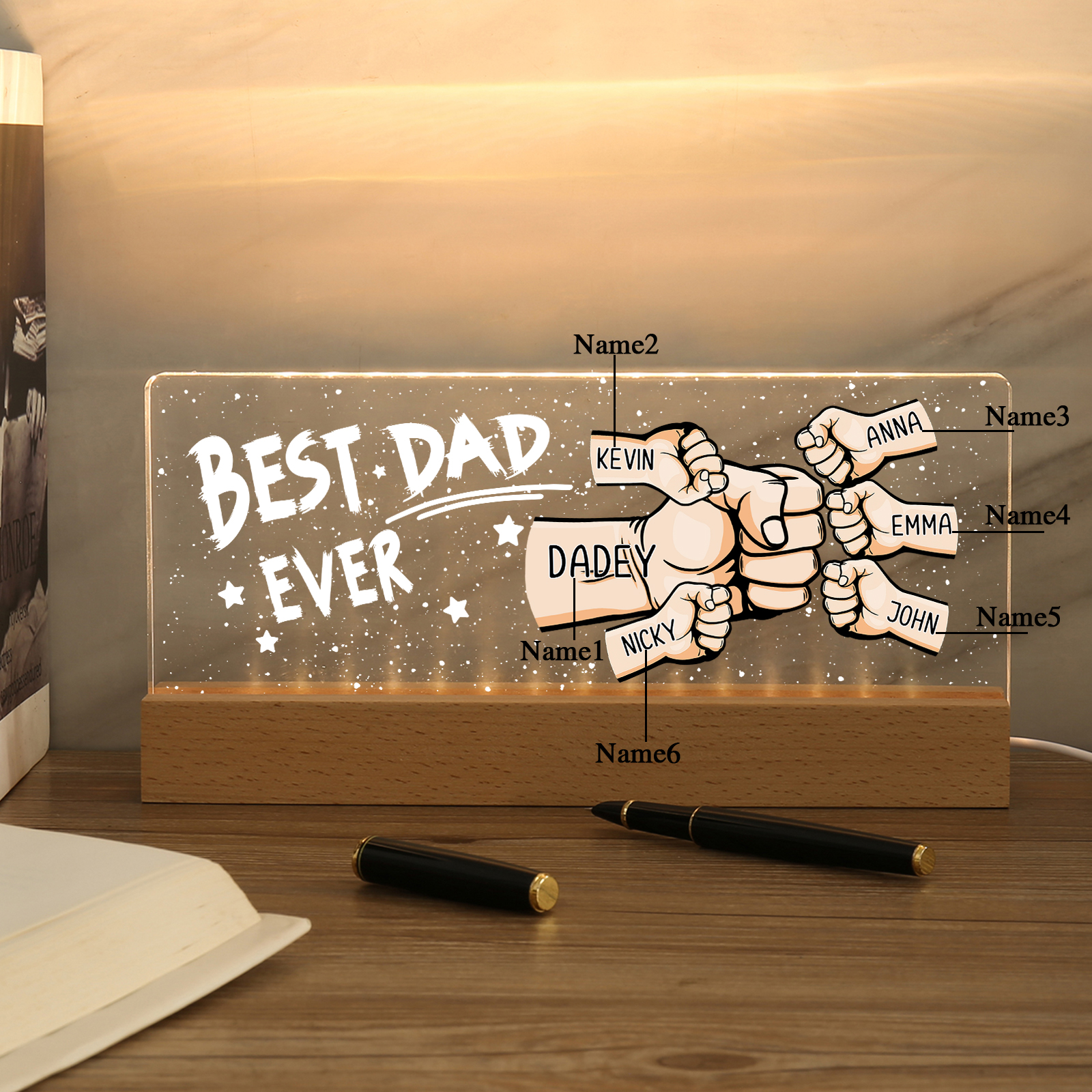 6 Names - Personalised Fist Bump Lamp - Best Dad Ever - Father's Day Gift for Dad