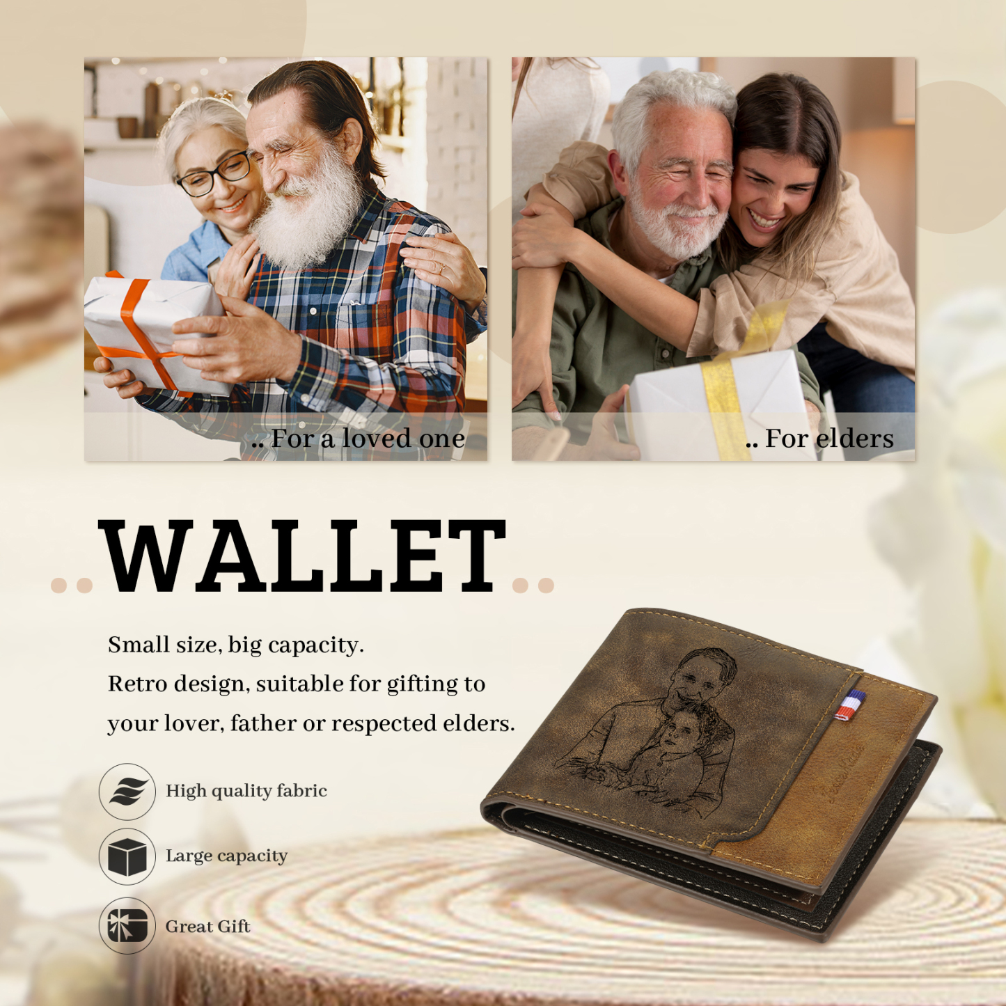 2 Names - Personalised Photo Custom Leather Men's Wallet as a Father's Day Gift for Dad