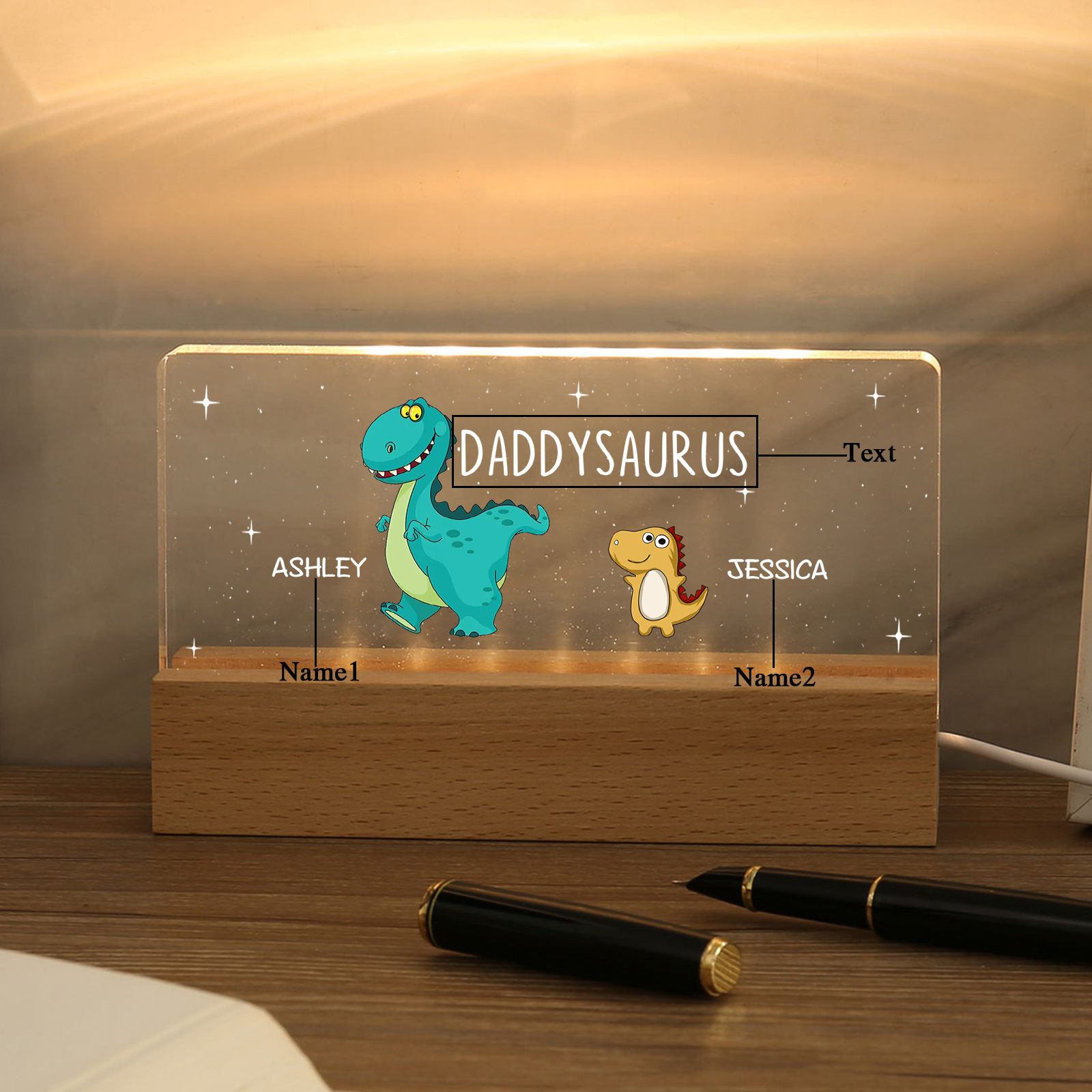 2 Names - Personalised Cute Dinosaur Pattern Beautiful Table Lamp Father's Day Gift for Dad