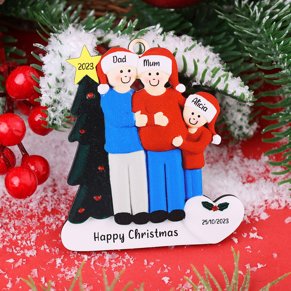 3 Names-Personalised Family Wooden Christmas Xmas Tree Decoration Ornament-Custom 3 Names And Dates Hanging Ornament Gifts For Family