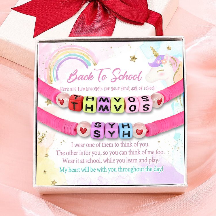 2PCS Personalized 2 Name Elastic Cord Square Handmade Bracelet with Card Gift Box, Back to School Gift for Daughter