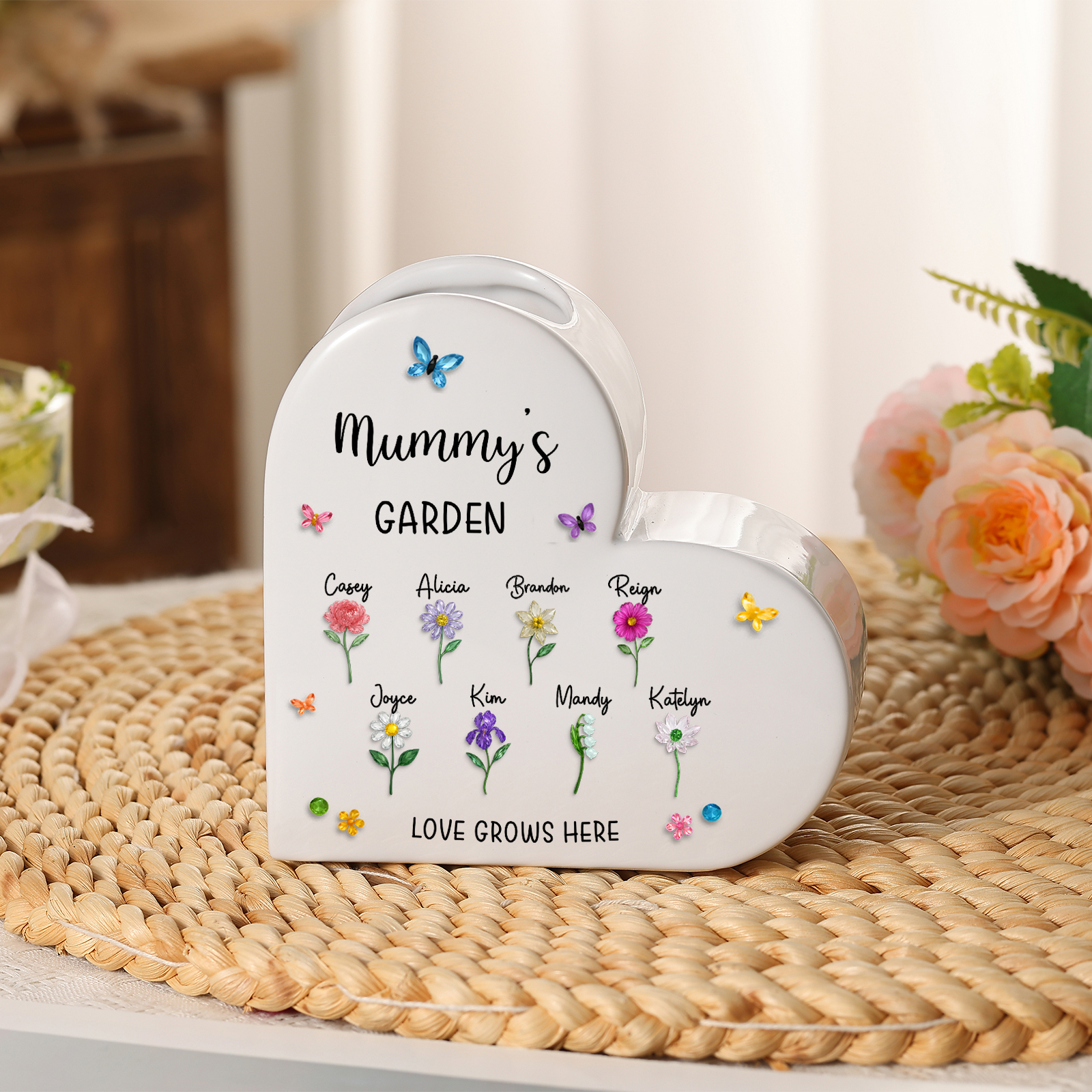 Personalised Ceramic Heart Vase with 1 to 10 Names and Birth Flowers for Mum/Grandma