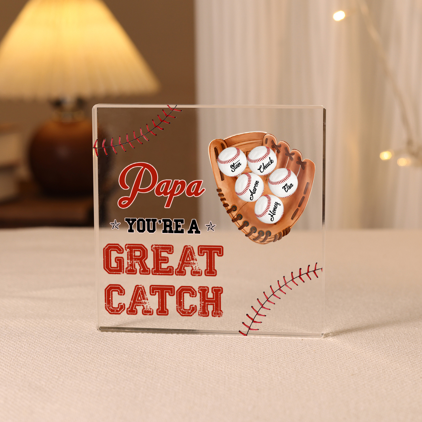 5 Names - Personalised Baseball Acrylic Keepsake Customized Name and Text Acrylic Plaque Ornament Father's Day Gift for Dad