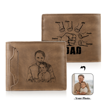6 Names - Personalised Photo Custom Leather Men's Folding Wallet as a Father's Day Gift for Dad