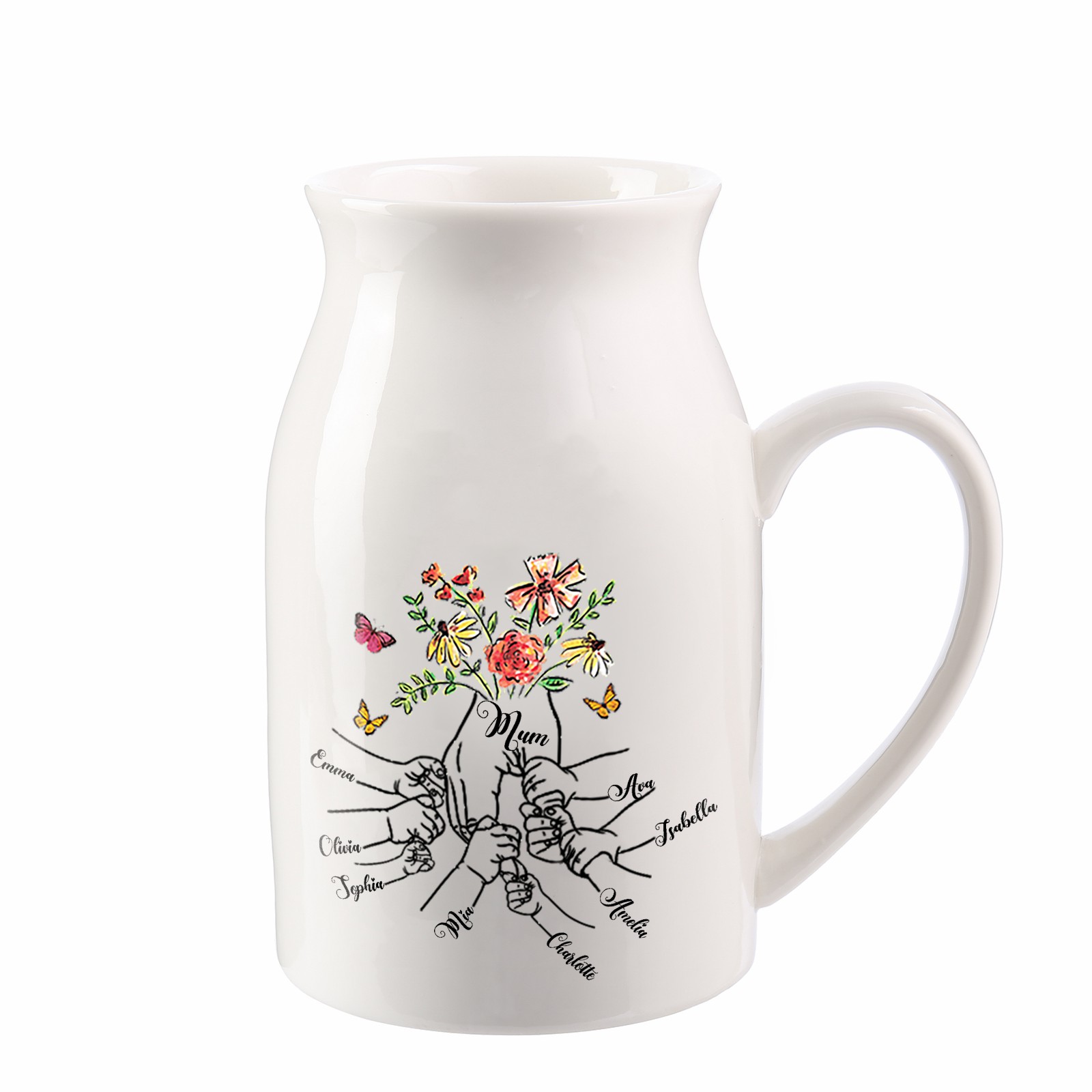 8 Names - Personalised Beautiful Flower Hand Butterfly Style Ceramic Vase with Customizable Names As a Special Gift For Mum