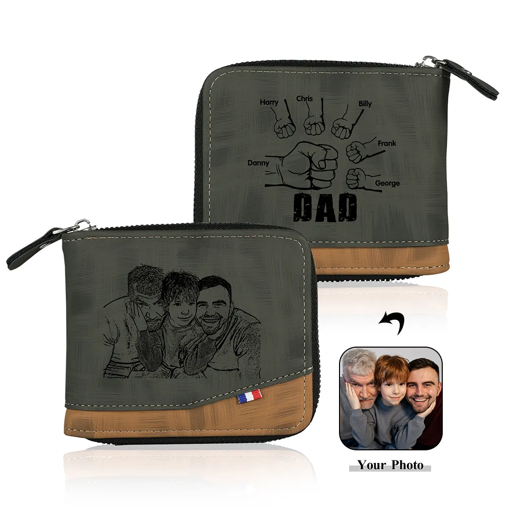 6 Names - Personalised Photo Custom Leather Men's Zipper Wallet as a Father's Day Gift for Dad
