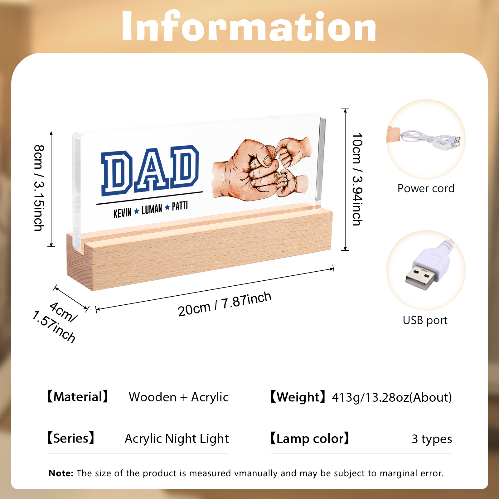 3 Names - Personalised Fist Bump Table Lamp - Dad's Dream Team - Father's Day Gift for Dad