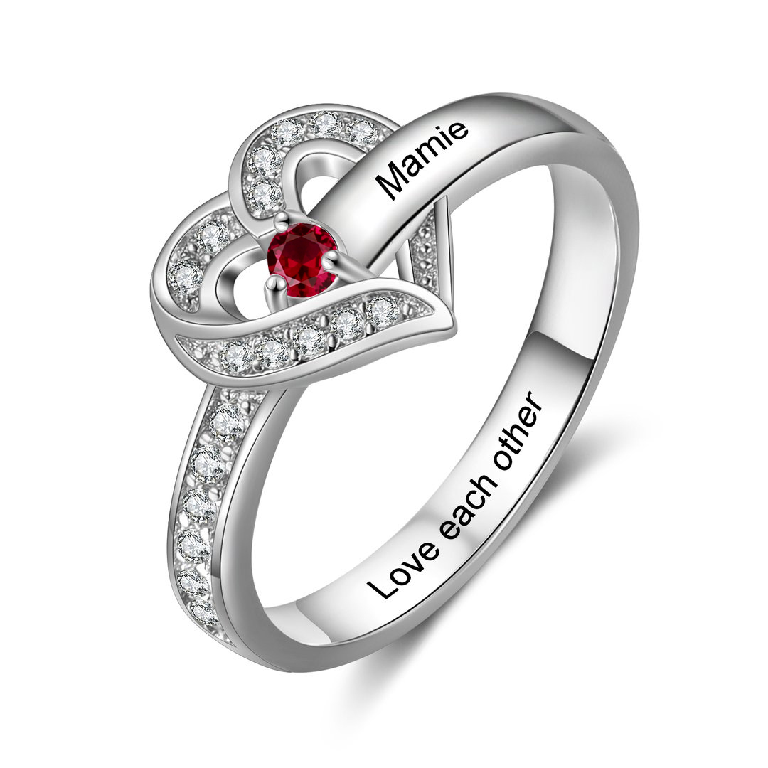 Personalised Heart Ring With 1 Ruby Stone Engraved Names Ring Gift For Women